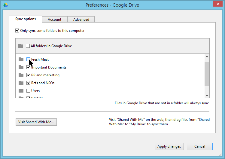 Снимок экрана: параметры синхронизации Google Drive с опцией выбора папок