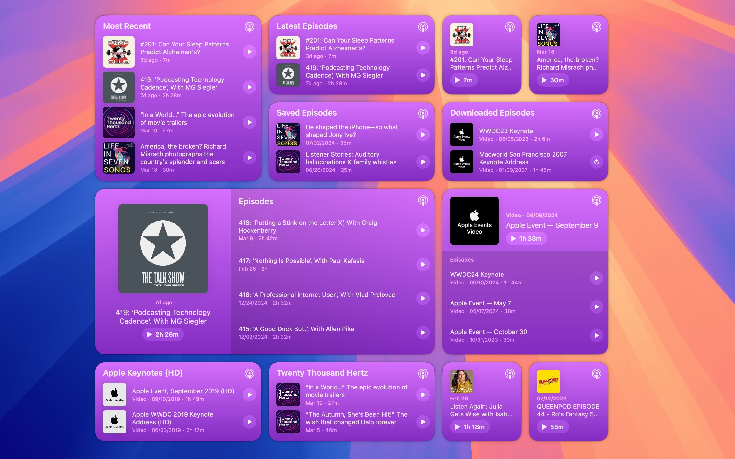 Виджеты Podcasts на рабочем столе macOS.