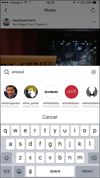 Поле поиска контакта при отправке поста