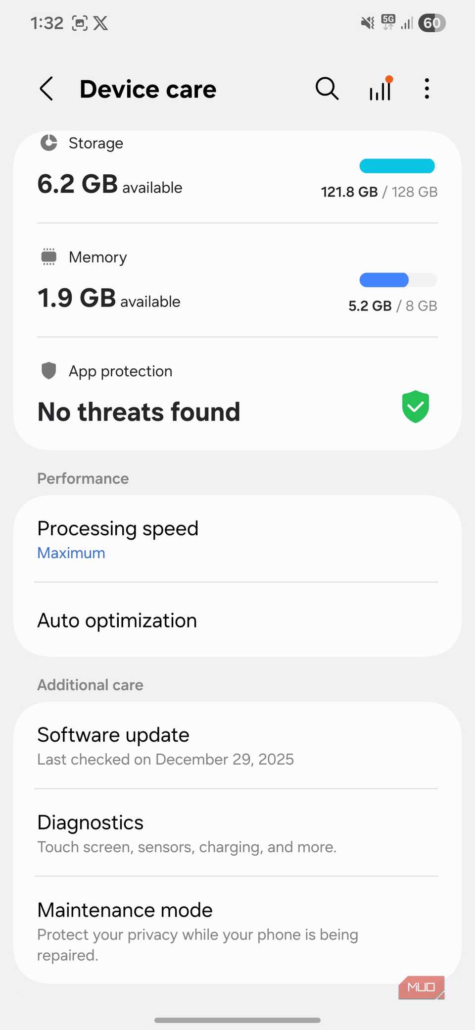 Device Care menu on Android phone