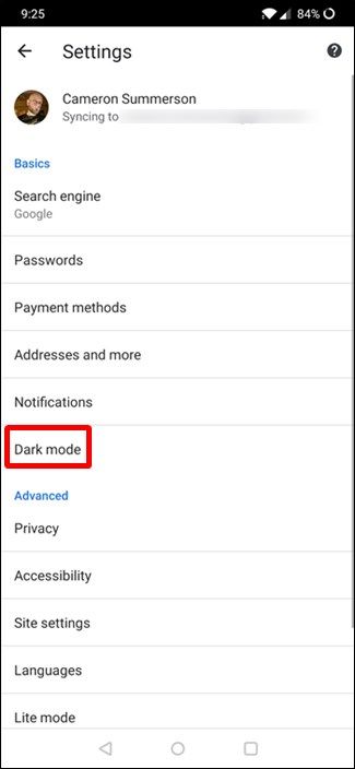 Пример меню настроек с опцией Dark Mode