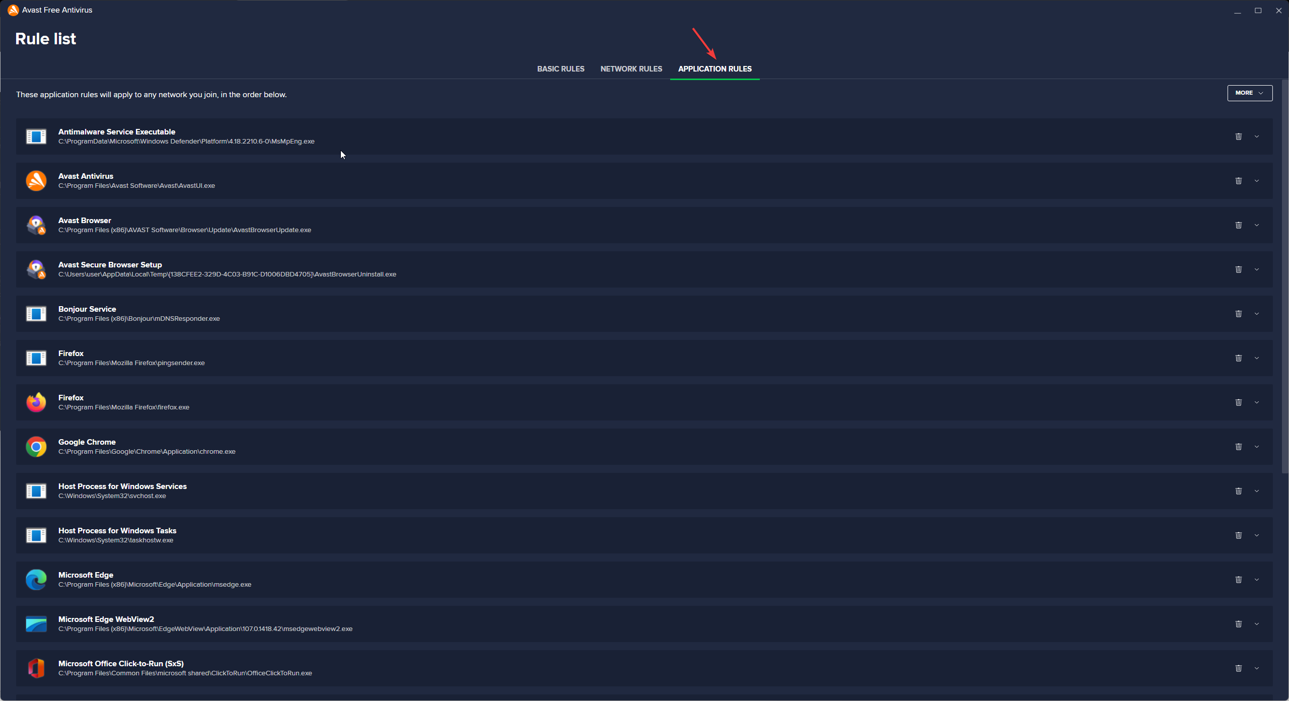 Список правил приложений в Avast