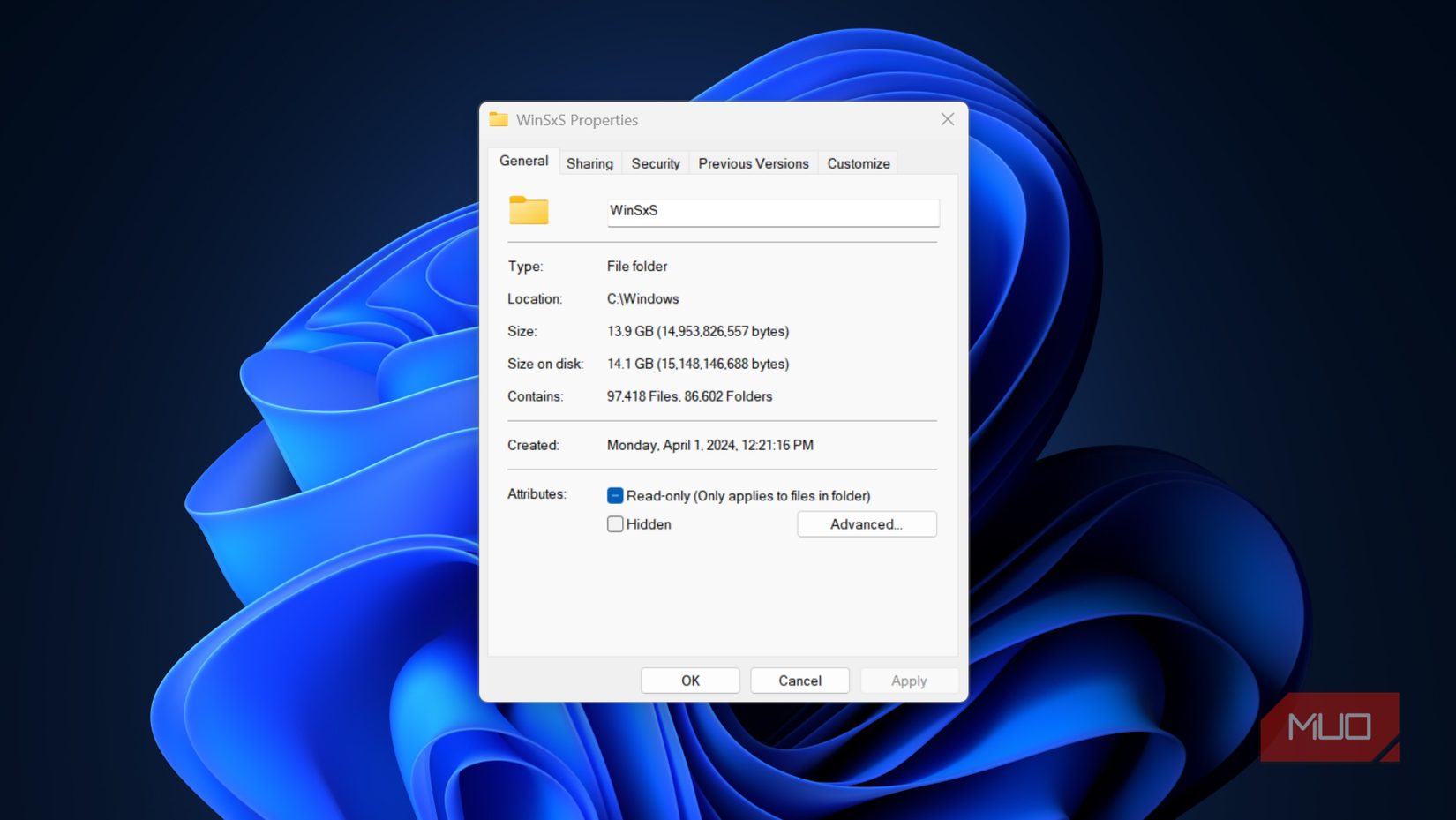 Свойства папки WinSxS в Проводнике Windows, показывающие размер
