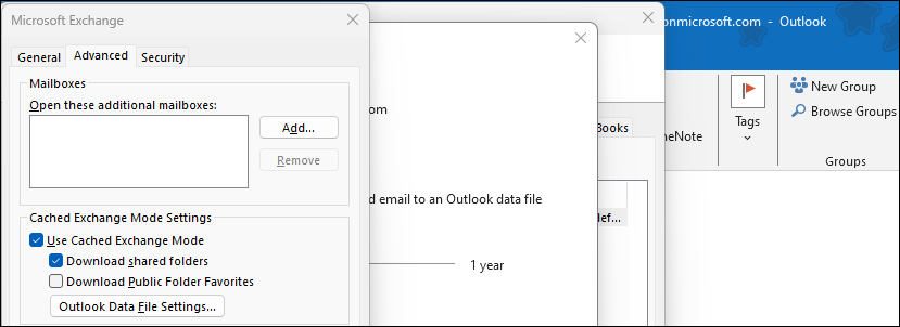 Диалог Microsoft Exchange в классическом Outlook для Windows 11.