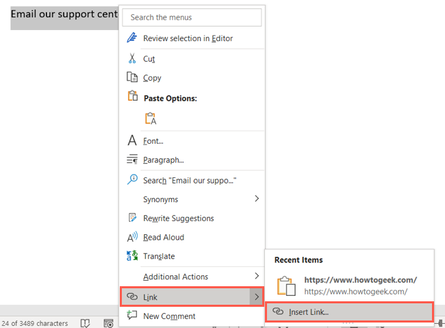 Команда «Вставить ссылку» в контекстном меню