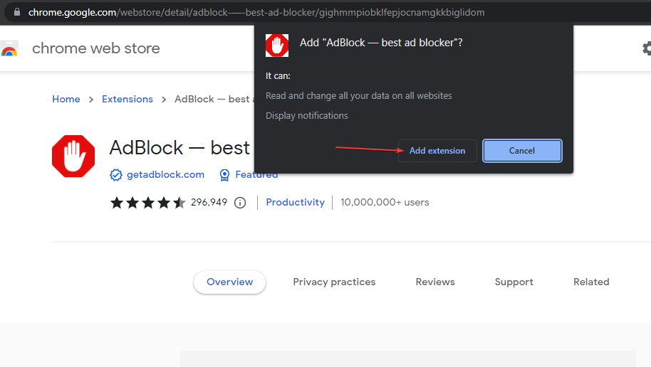 Подтверждение установки расширения AdBlock