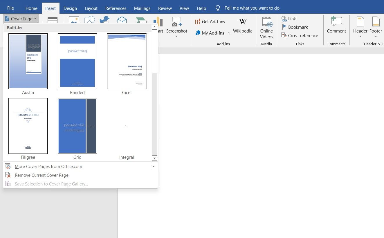 Выбор шаблона обложки в Microsoft Word
