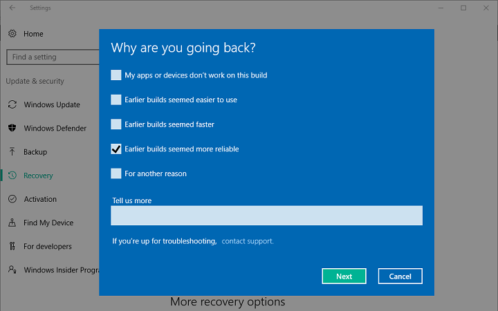 Окно: запрос обратной связи при откате обновления Anniversary Update