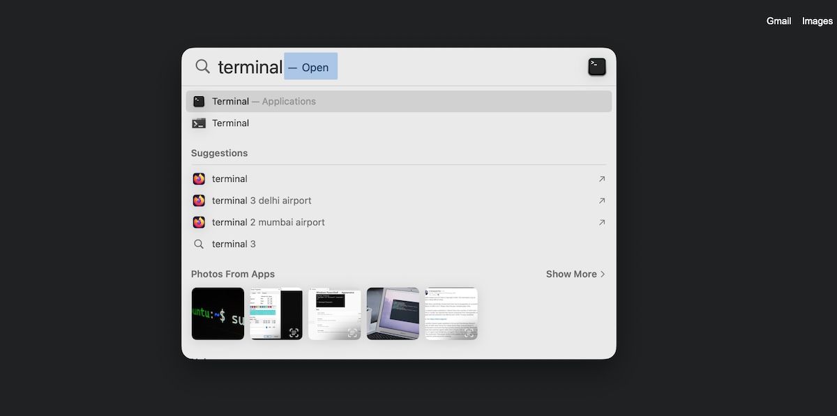 Запуск Terminal через Spotlight
