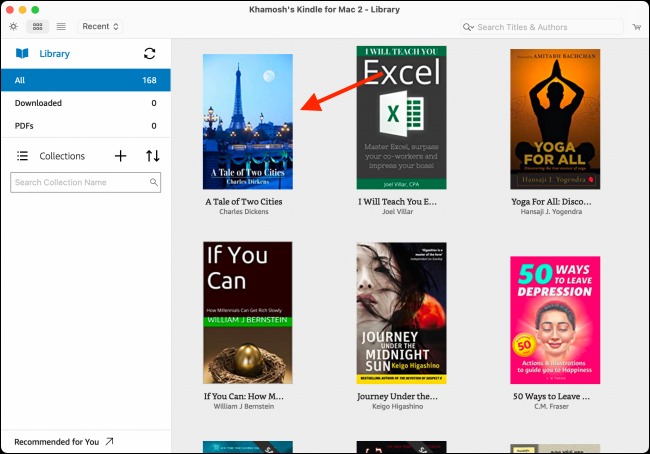 Открытие книги в приложении Kindle на компьютере