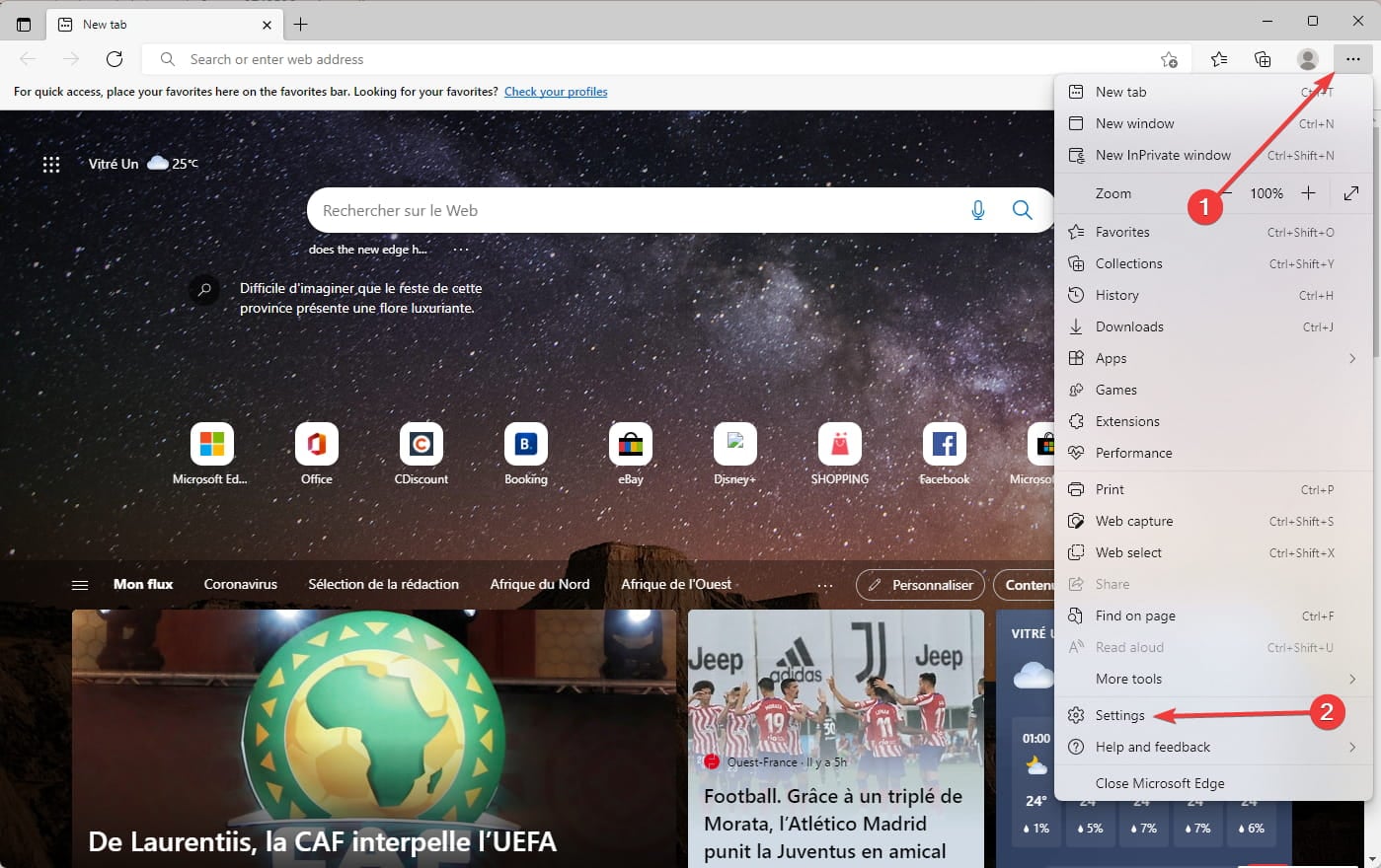 Меню Edge — Настройки