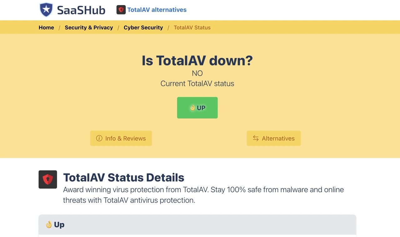 Проверка статуса серверов Total AV на сайте разработчика
