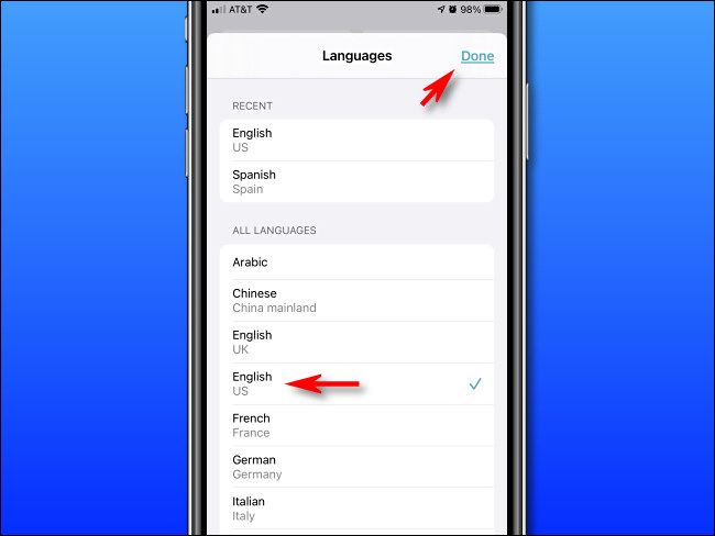 In Apple Translate on iPhone, select a language from the list, then tap 