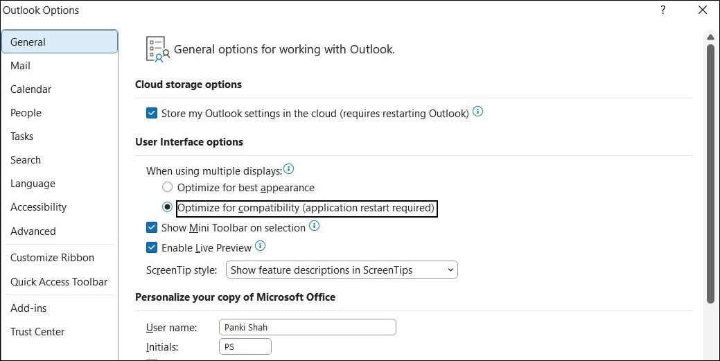 Оптимизация Outlook для совместимости
