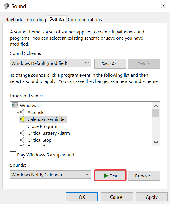 Кнопка Тест для проверки звука в окне Звуки
