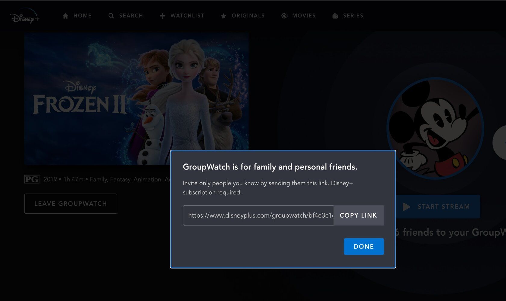 Скриншот: отправка ссылки GroupWatch через мессенджер