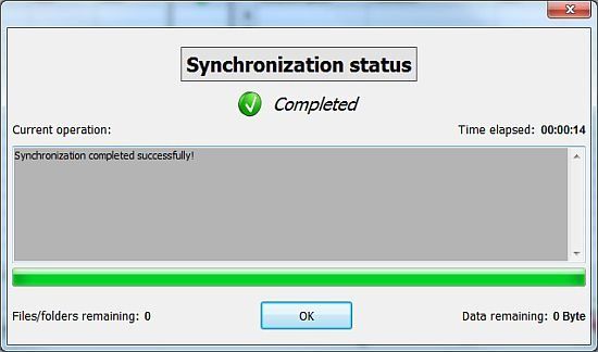 Экран завершения синхронизации