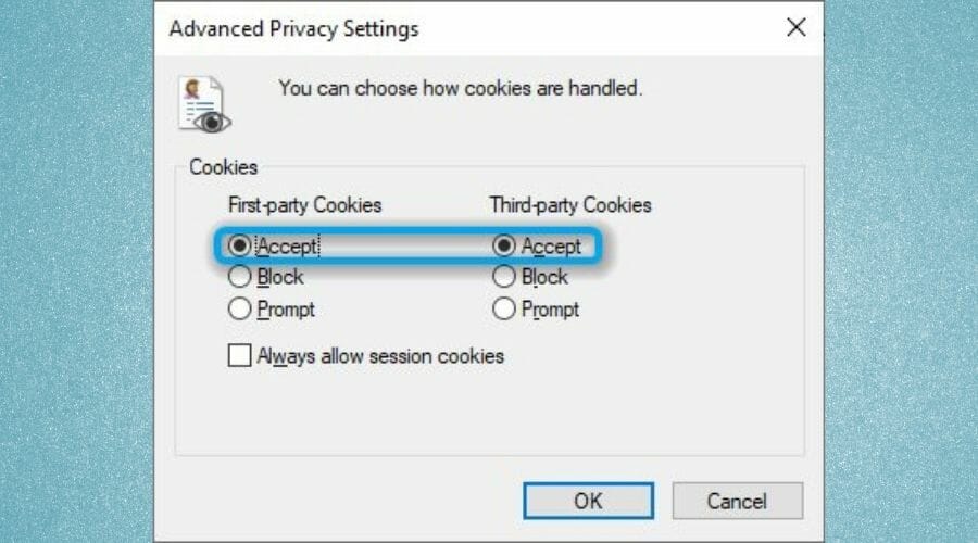 Принятие cookie в Internet Explorer