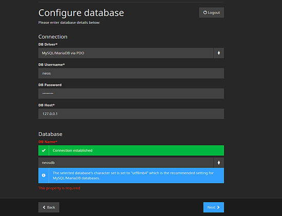 Настройка базы данных Neos