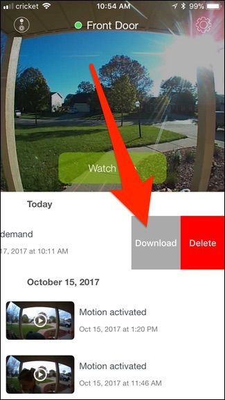 Свайп влево по записи в iPhone-приложении SkyBell