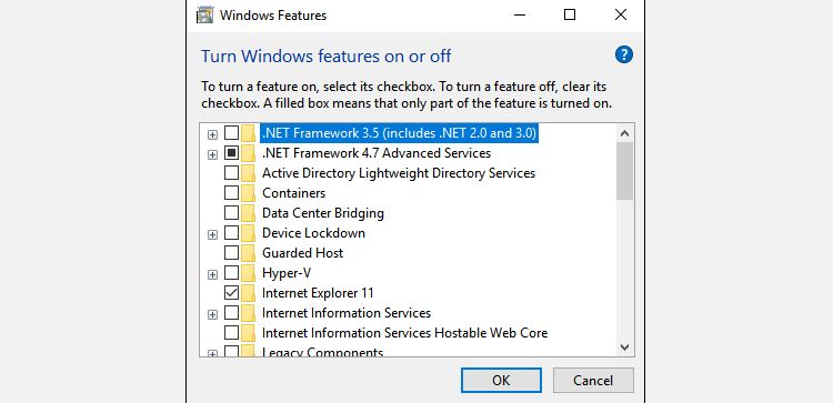 turn windows features on or off net framework