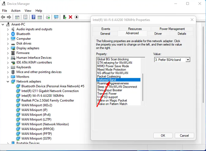 Параметр «Предпочитаемая полоса» в свойствах адаптера