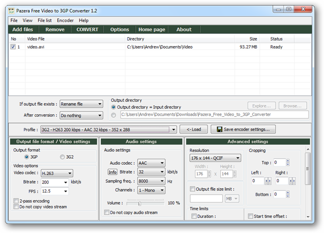 Выбор предустановленного профиля для 3GP-конвертации