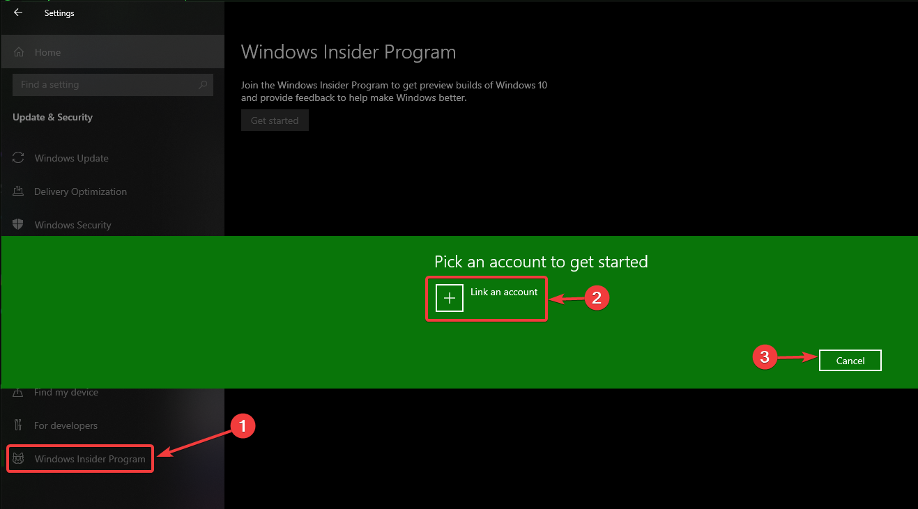 Экран выбора учётной записи Microsoft для привязки к программе Windows Insider