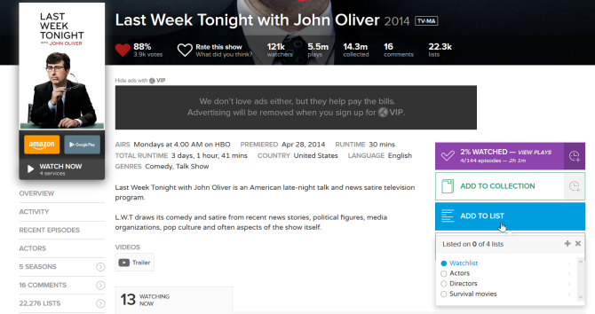 Добавление шоу в список «Смотреть» на странице описания