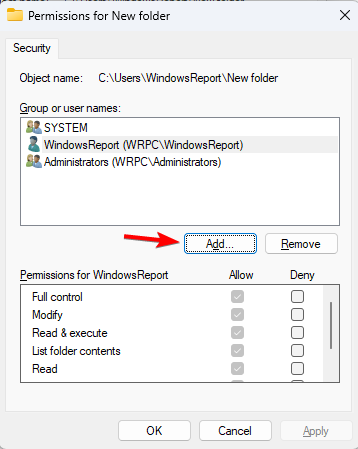 Окно добавления учетной записи в разрешениях файла Windows