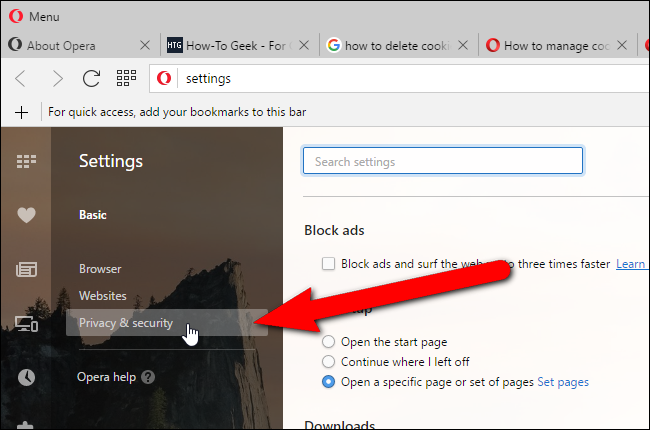 Переход в раздел «Конфиденциальность и безопасность» в Opera