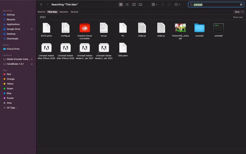 typing uninstall in finder's searchbar
