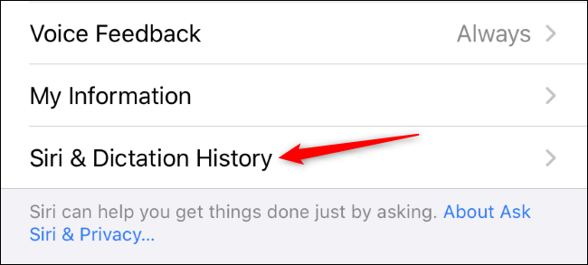 Открытие истории Siri и диктовки в настройках iPhone