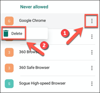 Меню с кнопкой Удалить для элемента списка приложений