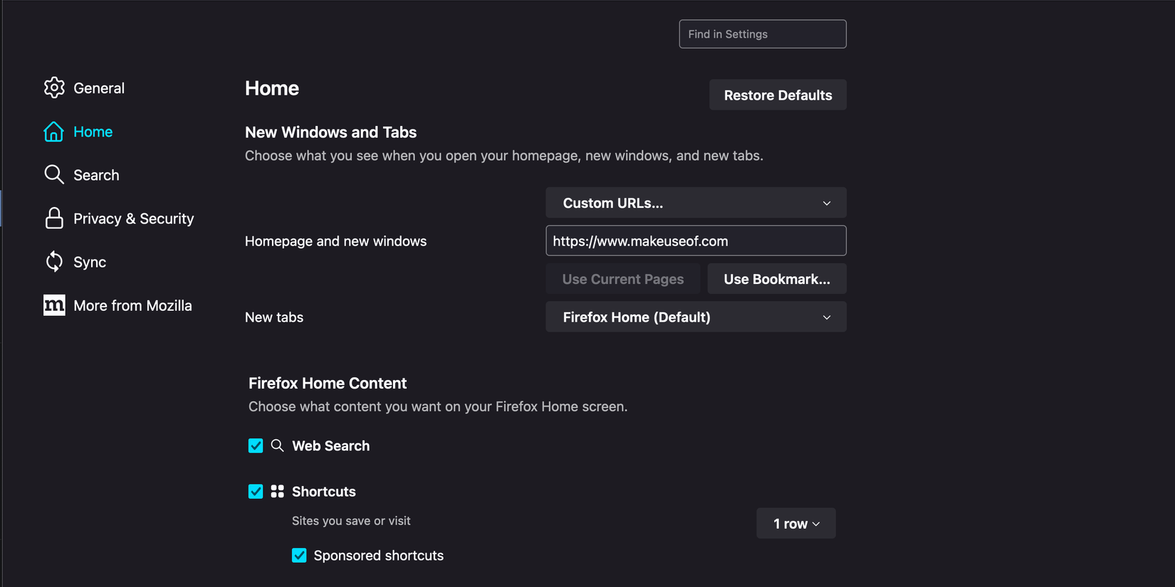 Пользовательский URL установлен как домашняя страница в Firefox
