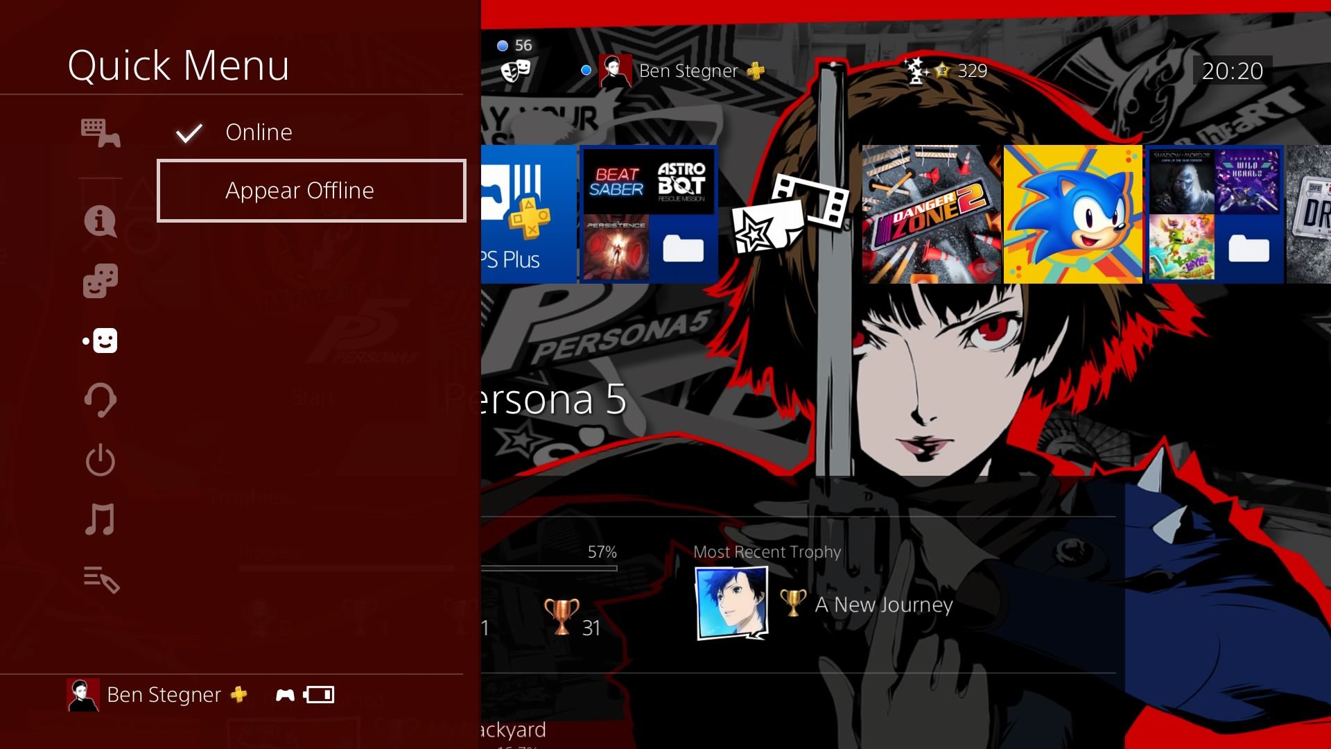 Экран PS4 с меню статуса — Показать как офлайн