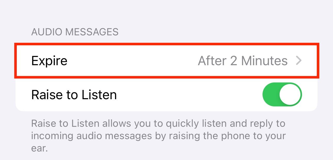 Expire option for voice messages on an iPhone.