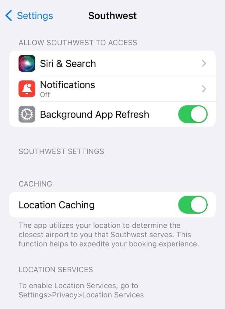 Приложение Southwest на iPhone