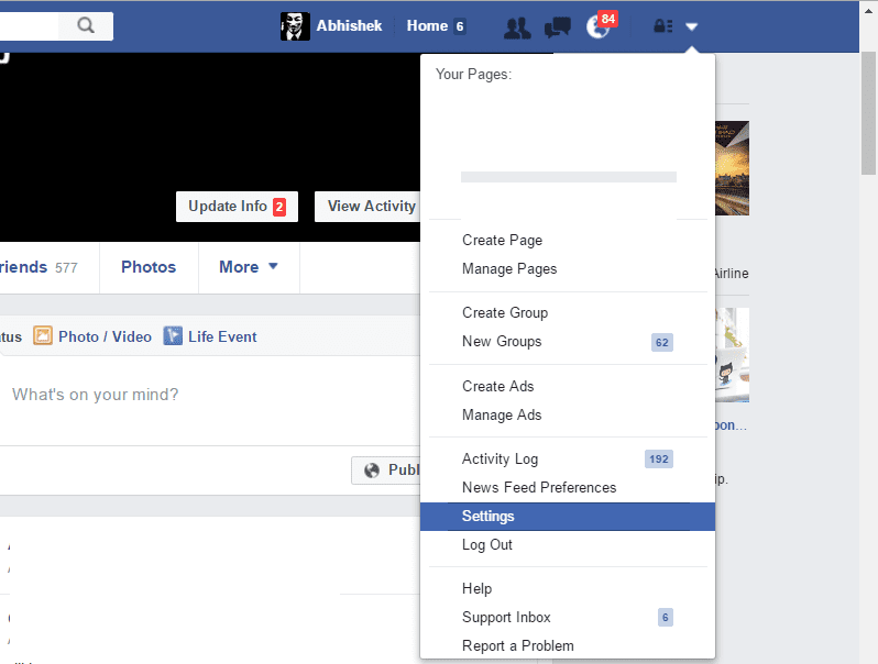 Página mostrando como selecionar Segurança nas configurações do Facebook