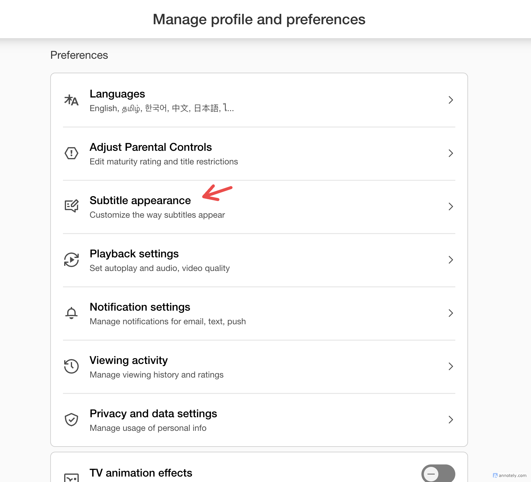 Настройка внешнего вида субтитров в аккаунте Netflix.