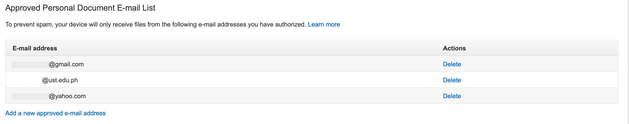 Список одобренных личных адресов электронной почты