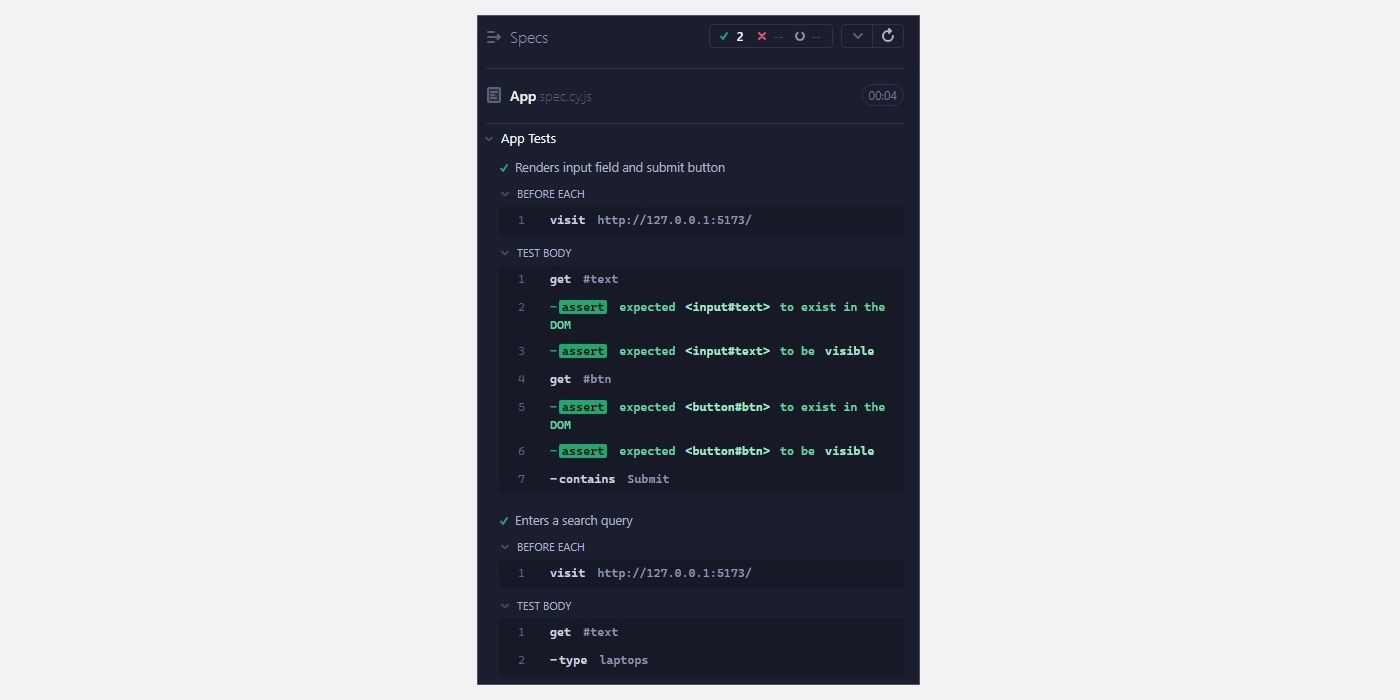 Лог результатов теста в боковой панели
