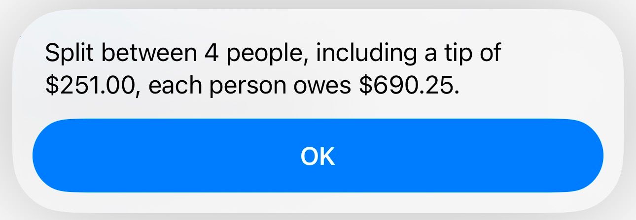 Шорткат показывает итоговую сумму и долю каждого с учётом чаевых.