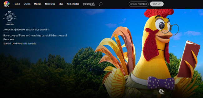 Афиша трансляции NBC Rose Parade 2023 с цветной эмблемой сети