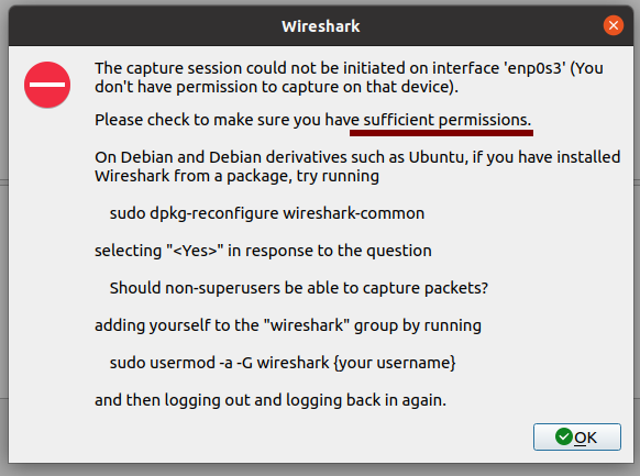 Ошибка прав при запуске Wireshark