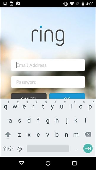 Форма ввода почты и пароля для входа в Ring
