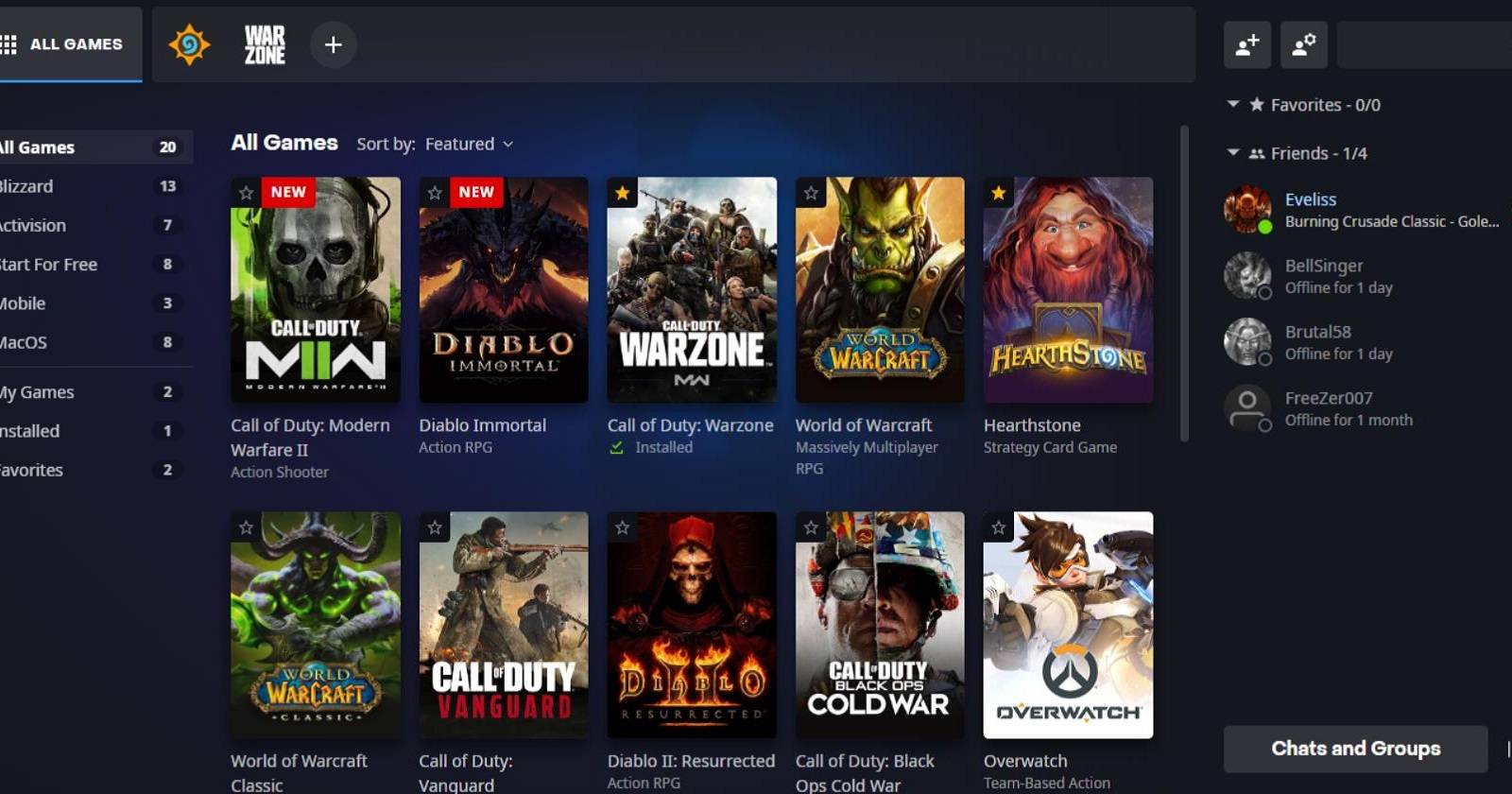 Интерфейс клиента Battle.net на рабочем столе