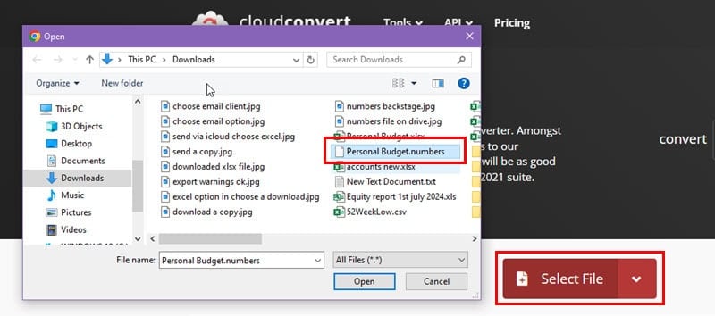 Сайт-конвертер: кнопка 'Select File' для загрузки .numbers