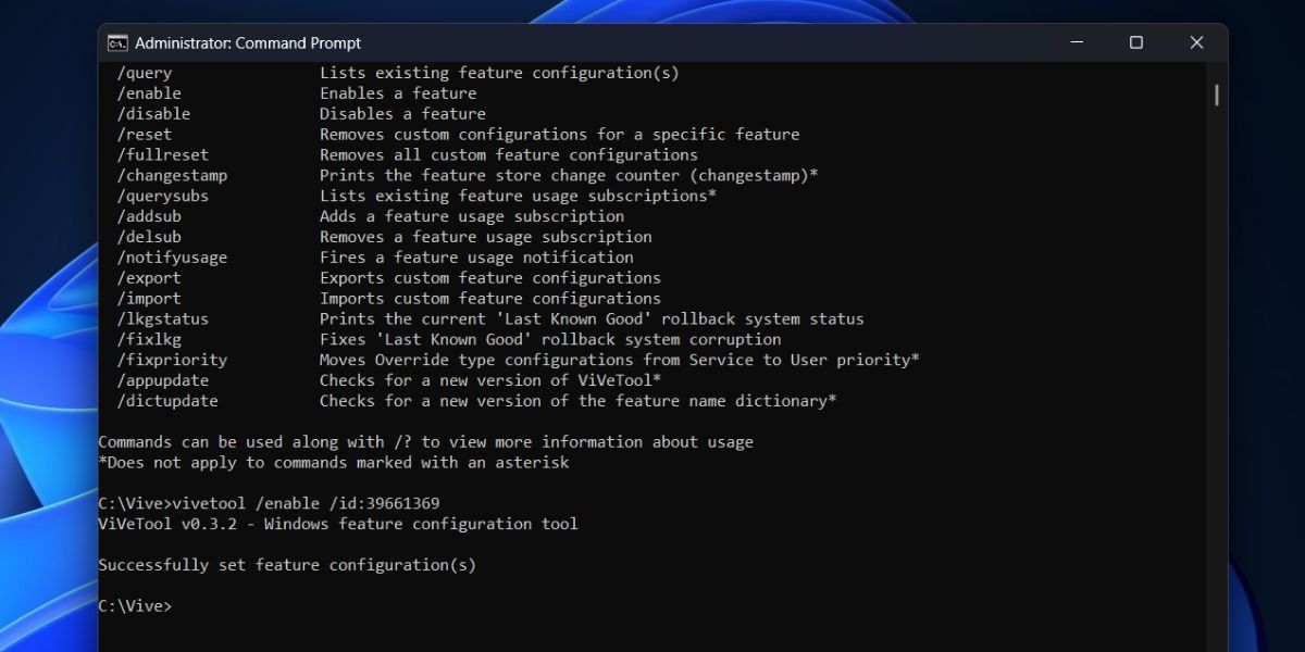 Скриншот: в процессе включения функции перетаскивания вкладок через ViveTool