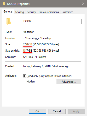 Окно свойств папки игры с показом прежнего и нового размера
